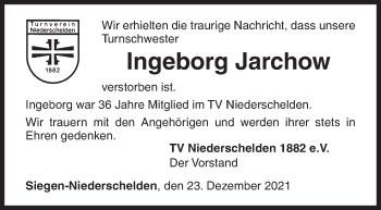 Traueranzeige von Ingeborg Jarchow von Siegener Zeitung
