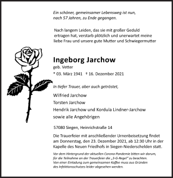 Traueranzeige von Ingeborg Jarchow von Siegener Zeitung