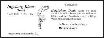 Traueranzeige von Ingeborg Klaas von Siegener Zeitung