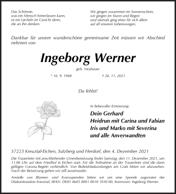 Traueranzeige von Ingeborg Werner von Siegener Zeitung