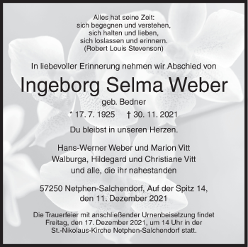Traueranzeige von Ingeborg Selma Weber von Siegener Zeitung