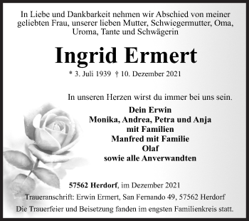 Traueranzeige von Ingrid Ermert von Siegener Zeitung