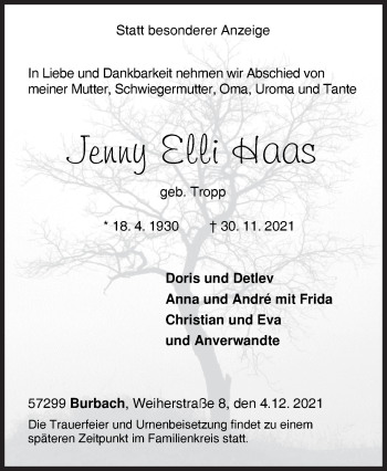 Traueranzeige von Jenny Elli Haas von Siegener Zeitung