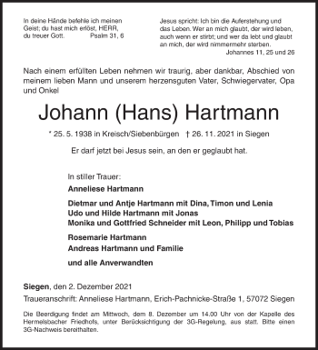 Traueranzeige von Johann  Hartmann von Siegener Zeitung