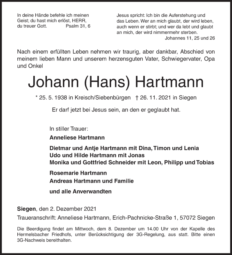  Traueranzeige für Johann  Hartmann vom 02.12.2021 aus Siegener Zeitung