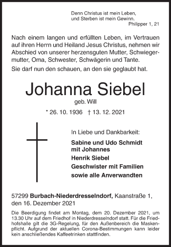 Traueranzeige von Johanna Siebel von Siegener Zeitung