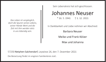 Traueranzeige von Johannes Neuser von Siegener Zeitung