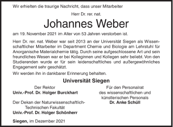Traueranzeige von Johannes Weber von Siegener Zeitung