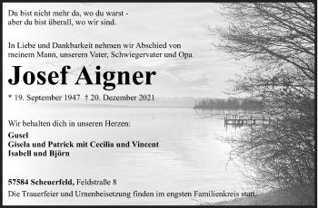 Traueranzeige von Josef Aigner von Siegener Zeitung