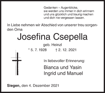 Traueranzeige von Josefina Csepella von Siegener Zeitung