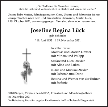 Traueranzeige von Josefine Regina Lück von Siegener Zeitung