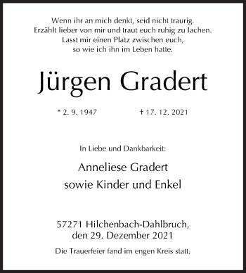 Traueranzeige von Jürgen Gradert von Siegener Zeitung