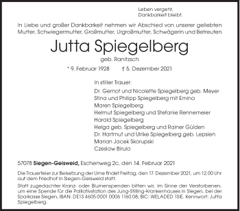 Traueranzeige von Jutta Spiegelberg von Siegener Zeitung