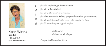 Traueranzeige von Karin Wirths von Siegener Zeitung