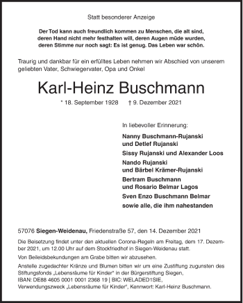 Traueranzeige von Karl-Heinz Buschmann von Siegener Zeitung