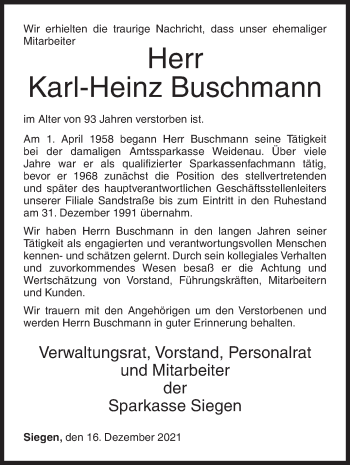 Traueranzeige von Karl-Heinz Buschmann von Siegener Zeitung