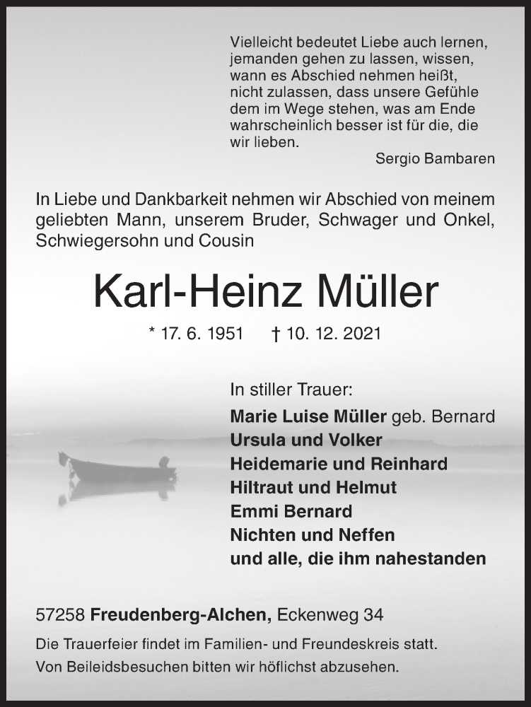  Traueranzeige für Karl-Heinz Müller vom 18.12.2021 aus Siegener Zeitung