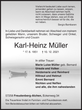 Traueranzeige von Karl-Heinz Müller von Siegener Zeitung