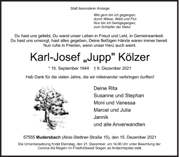 Traueranzeige von Karl-Josef Kölzer von Siegener Zeitung