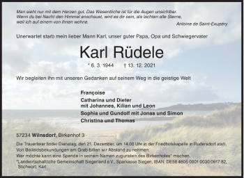 Traueranzeige von Karl Rüdele von Siegener Zeitung