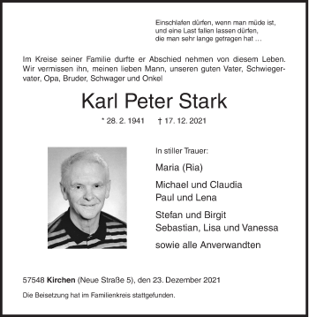 Traueranzeige von Karl Peter Stark von Siegener Zeitung