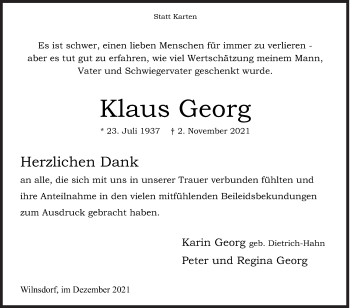 Traueranzeige von Klaus Georg von Siegener Zeitung