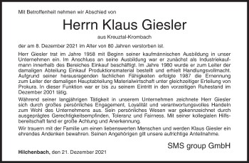 Traueranzeige von Klaus Giesler von Siegener Zeitung