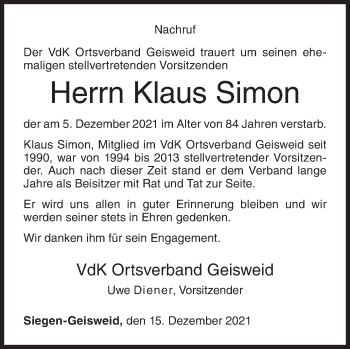 Traueranzeige von Klaus Simon von Siegener Zeitung
