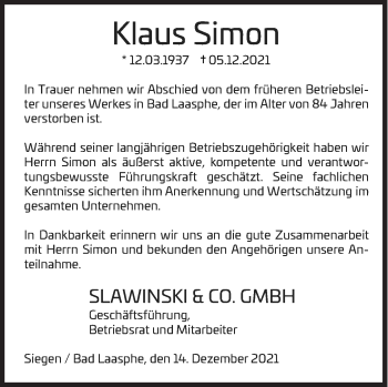 Traueranzeige von Klaus Simon von Siegener Zeitung