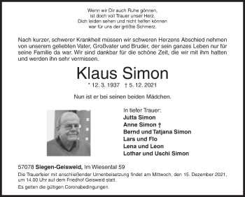 Traueranzeige von Klaus Simon von Siegener Zeitung