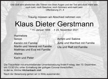 Traueranzeige von Klaus Dieter Gerstmann von Siegener Zeitung
