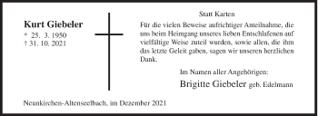 Traueranzeige von Kurt Giebeler von Siegener Zeitung