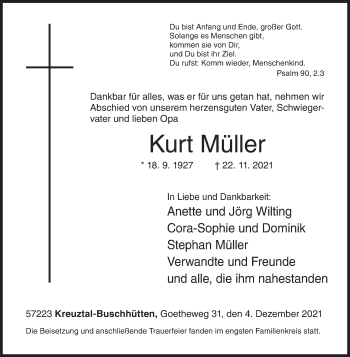 Traueranzeige von Kurt Müller von Siegener Zeitung