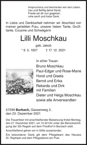 Traueranzeige von Lilli Moschkau von Siegener Zeitung