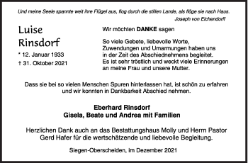 Traueranzeige von Luise Rinsdorf von Siegener Zeitung