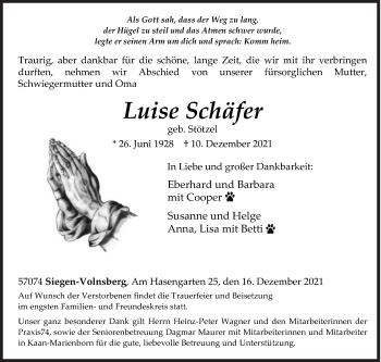 Traueranzeige von Luise Schäfer von Siegener Zeitung