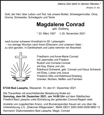 Traueranzeige von Magdalene Conrad von Siegener Zeitung