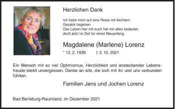 Traueranzeige von Magdalene  Lorenz von Siegener Zeitung