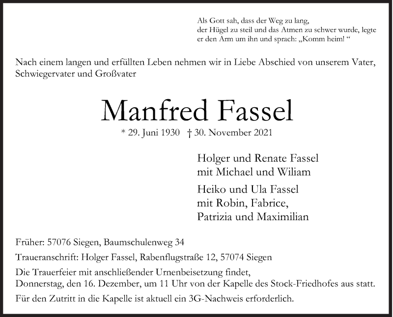  Traueranzeige für Manfred Fassel vom 03.12.2021 aus Siegener Zeitung