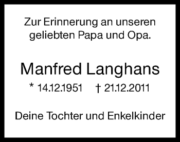 Traueranzeige von Manfred Langhans von Siegener Zeitung