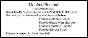 Traueranzeige von Manfred Remmel von Siegener Zeitung