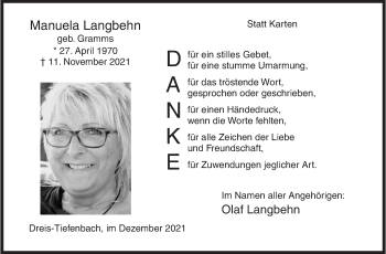 Traueranzeige von Manuela Langbehn von Siegener Zeitung