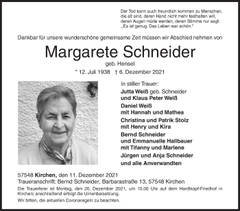 Traueranzeige von Margarete Schneider von Siegener Zeitung