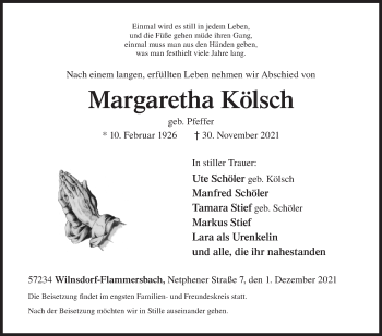 Traueranzeige von Margaretha Kölsch von Siegener Zeitung