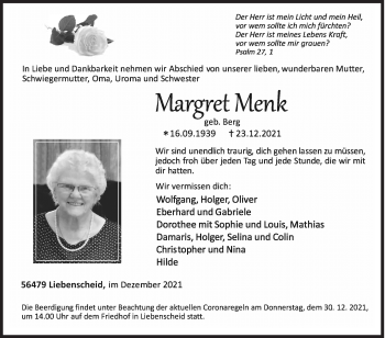 Traueranzeige von Margret Menk von Siegener Zeitung