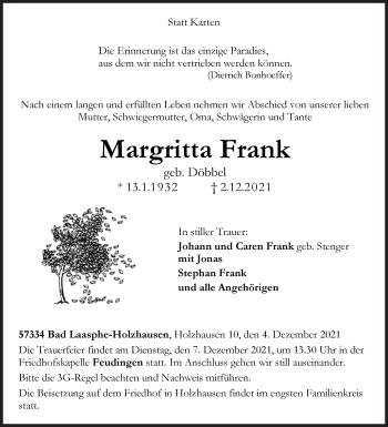 Traueranzeige von Margritta Frank von Siegener Zeitung