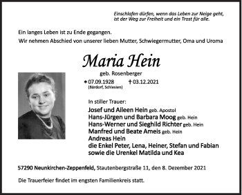 Traueranzeige von Maria Hein von Siegener Zeitung