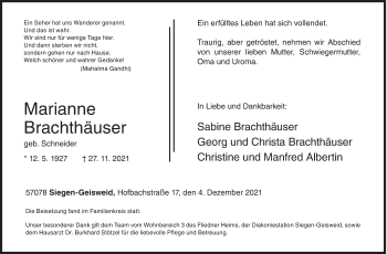 Traueranzeige von Marianne Brachthäuser von Siegener Zeitung