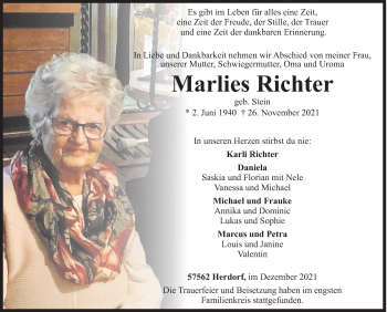 Traueranzeige von Marlies Richter von Siegener Zeitung