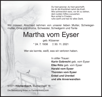 Traueranzeige von Martha vom Eyser von Siegener Zeitung